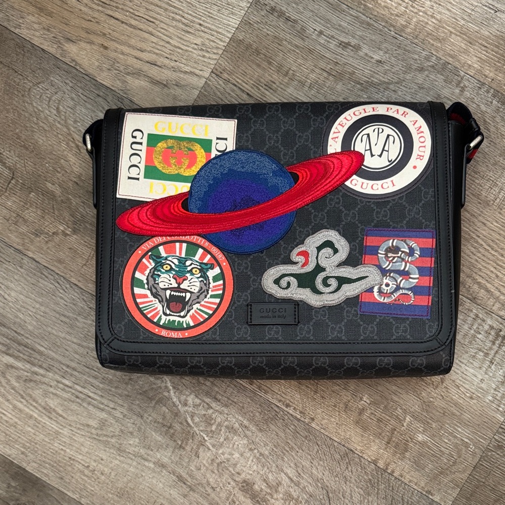 Gucci Black Messenger Bag with Colorful Patches